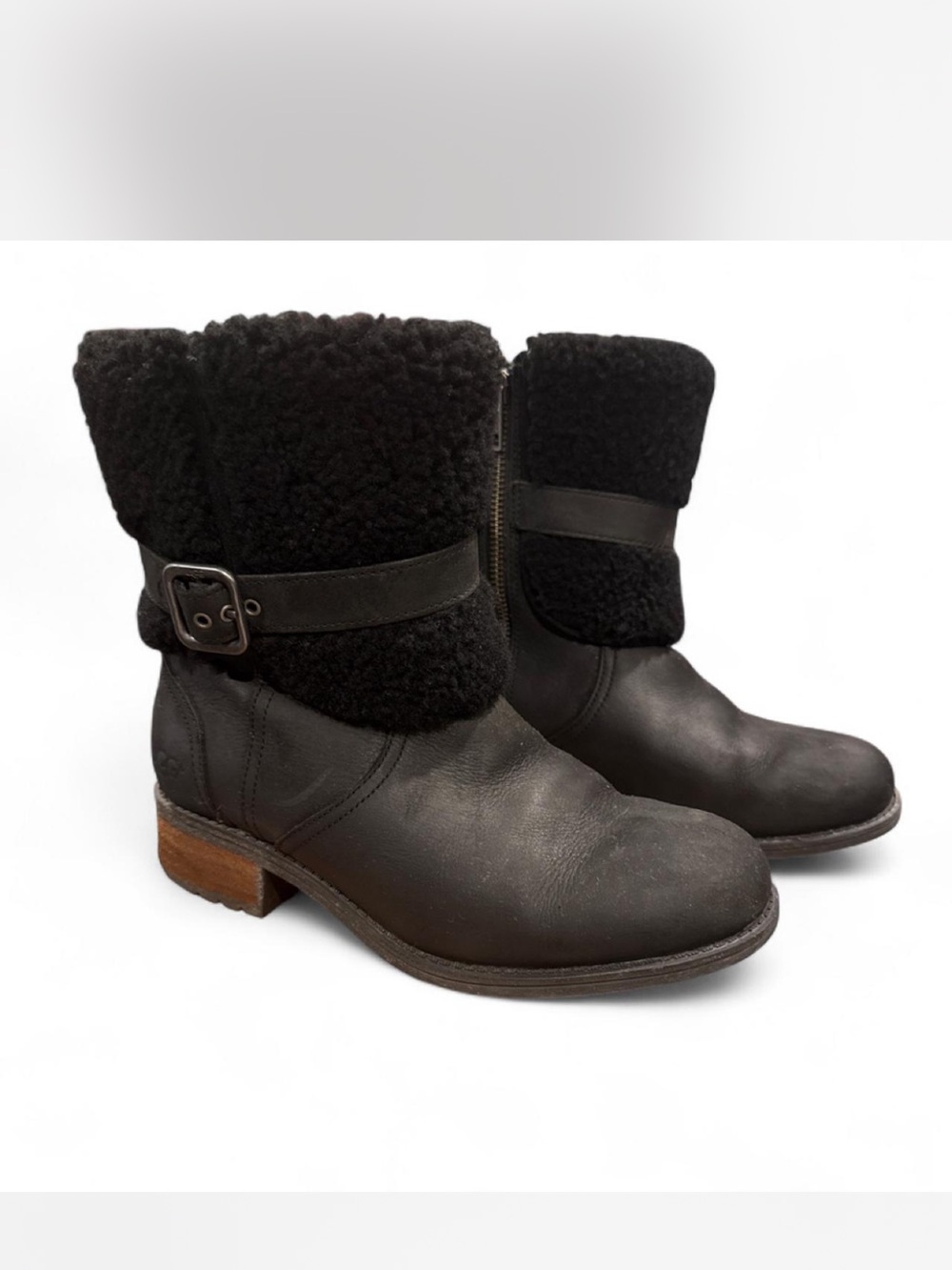 UGG Black Leather Shearling Cuff Ankle Booties with Buckle